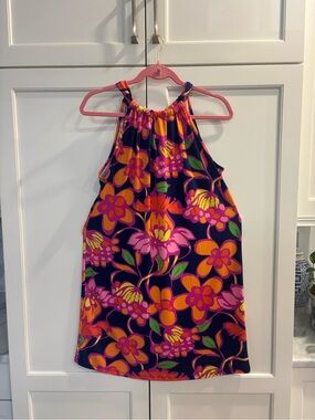 Trina Turk Navy Floral Halter Mini Dress with Orange, Pink & Green